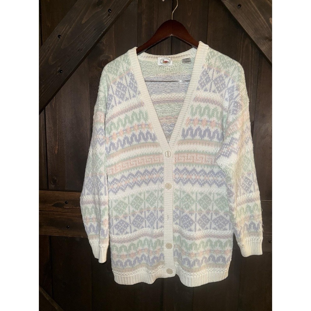 VTG Marsh Landing Sweater Women's‎ L Large Pastel Fair Isle Cardigan Cream 90s
